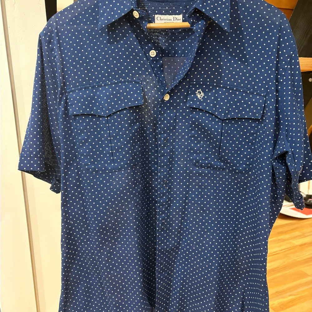 Vintage Dior Navy Polka Dot Button-Down Shirt
